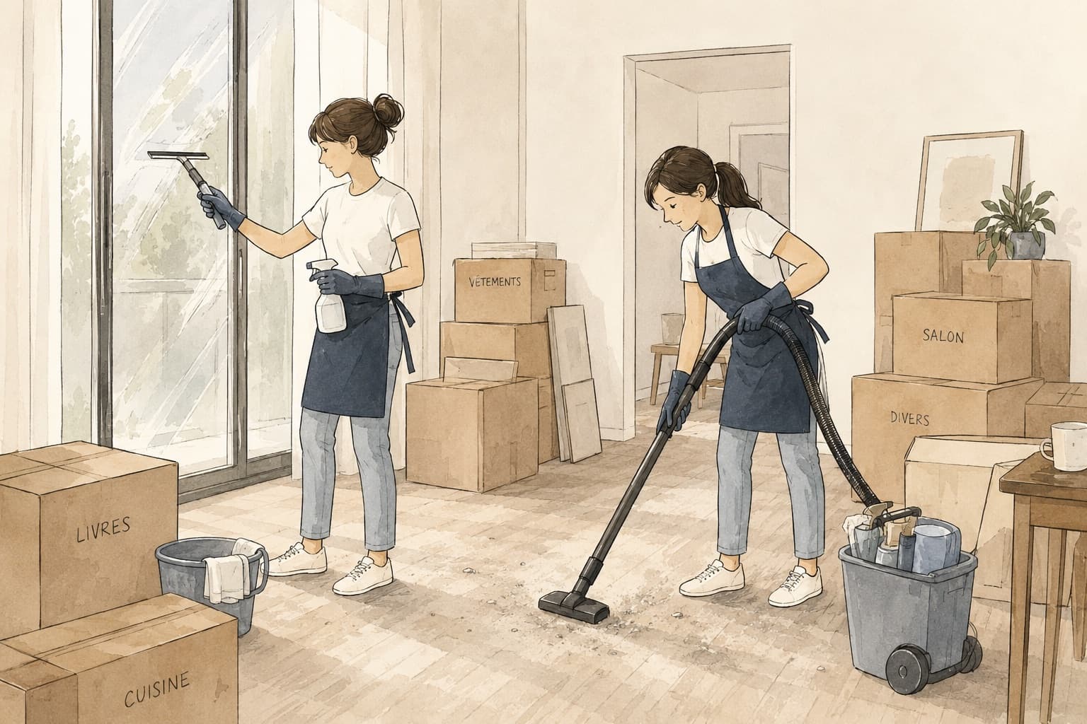 Nettoyage d'un logement au milieu des cartons de déménagement