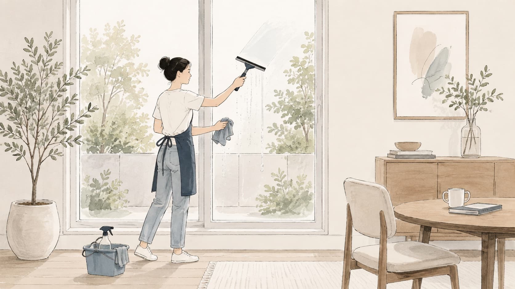 Nettoyage des vitres avec raclette professionnelle