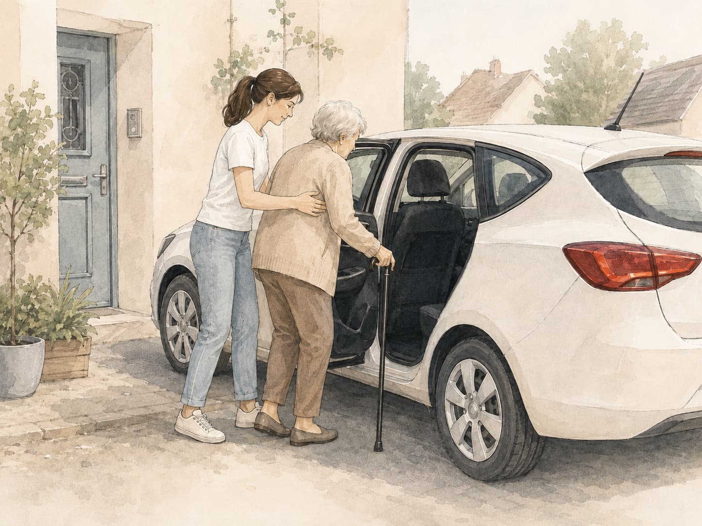 Notre intervenante aide une personne âgée à monter en voiture